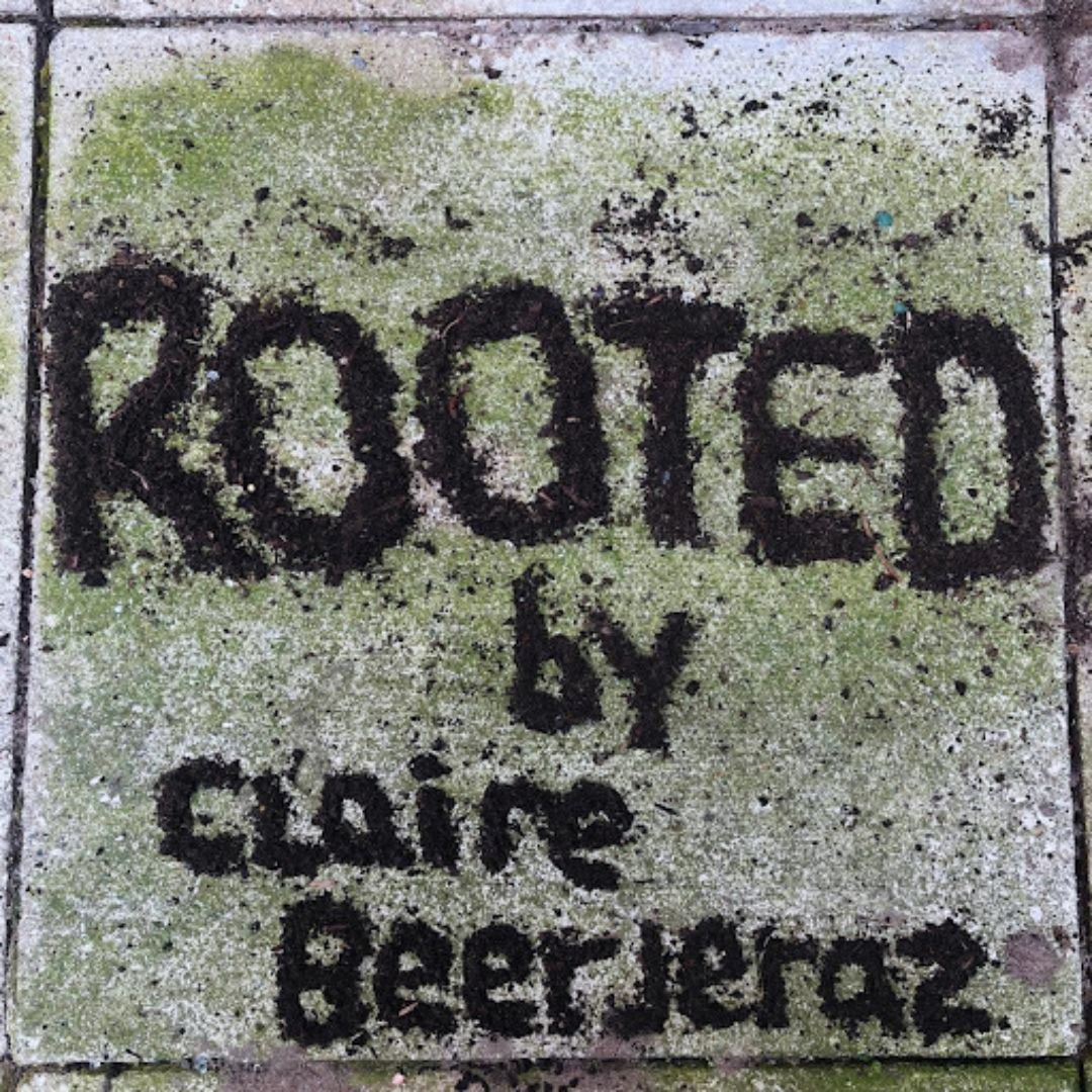 the title Rooted written in dirt on a pavement slab