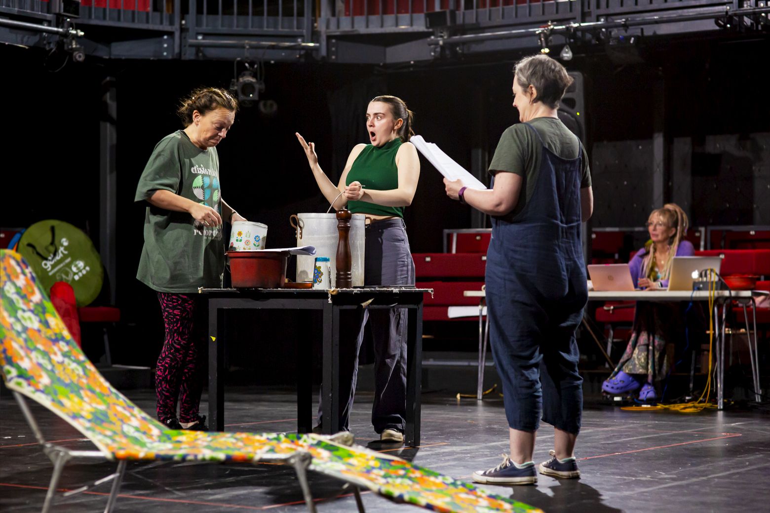 Alice in Wonderland at the Dukes. Kirstie Davis, Helen Longworth and Kira Hayes in rehearsal.