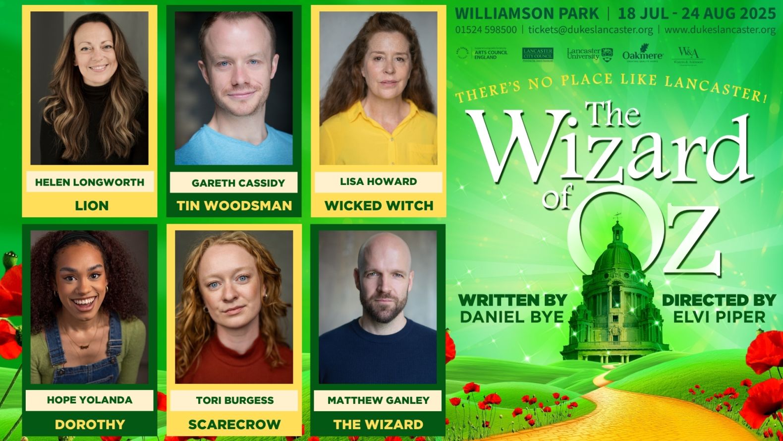 Group graphic os 6 headshots from each actor featured in The Wizard of Oz at The Dukes, Lancaster
