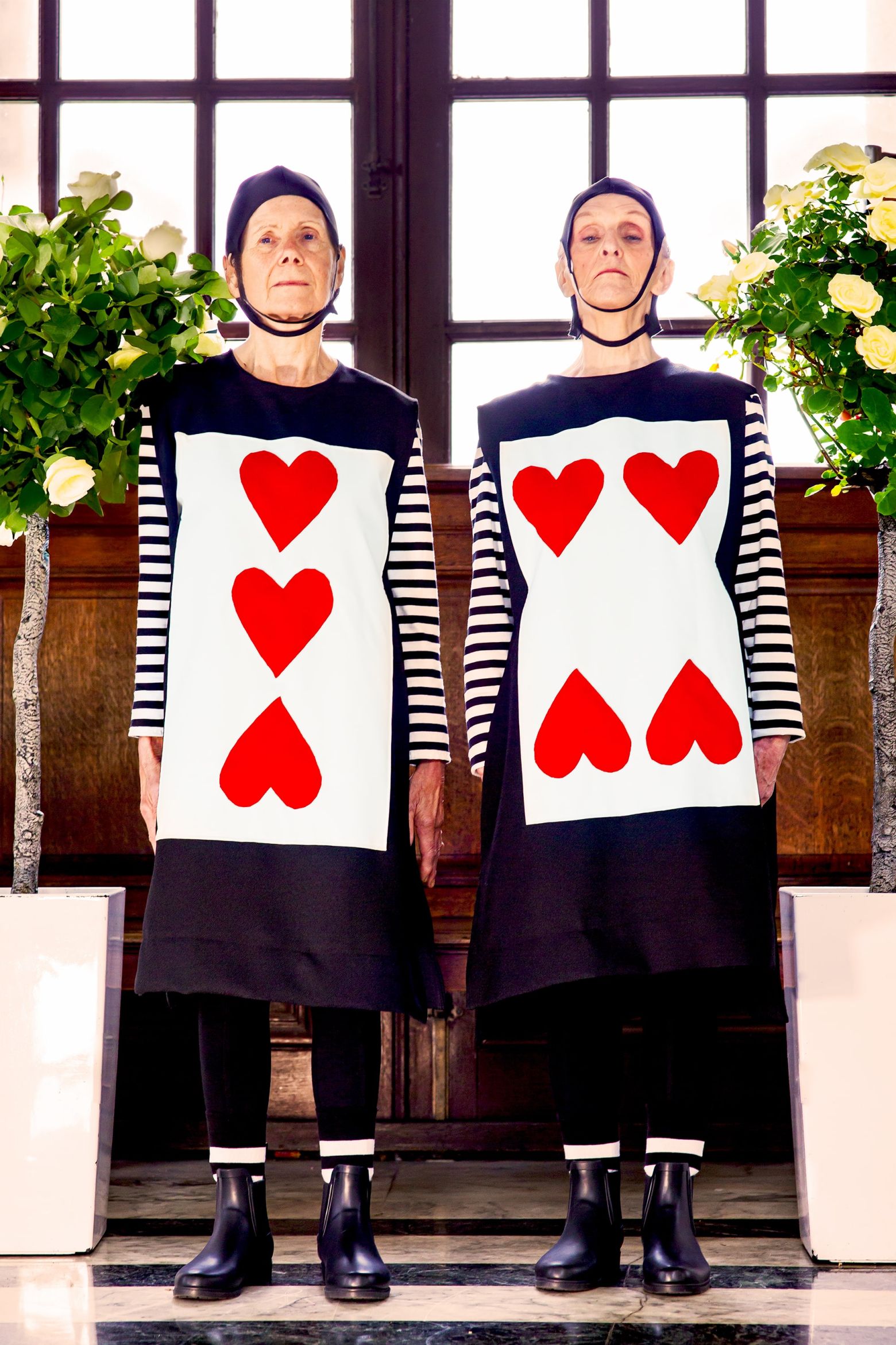 Alice in Wonderland at the Dukes. The Queen of Hearts' Card Guards stood to attention next to 2 white rose bushes.