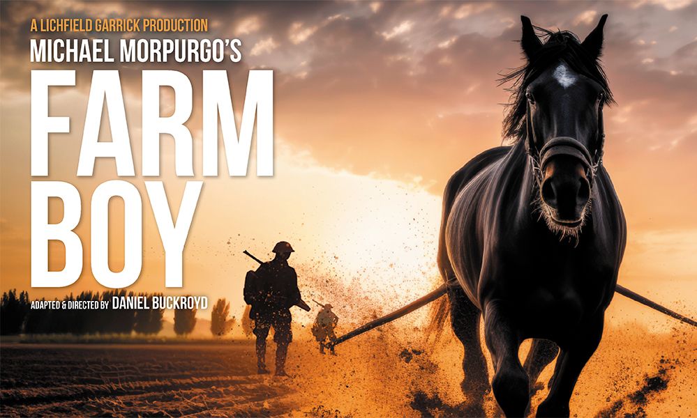Farm Boy poster image of a horse running forwards through a ploughed field. it's sunset and there is a couple of silhouettes of soldiers