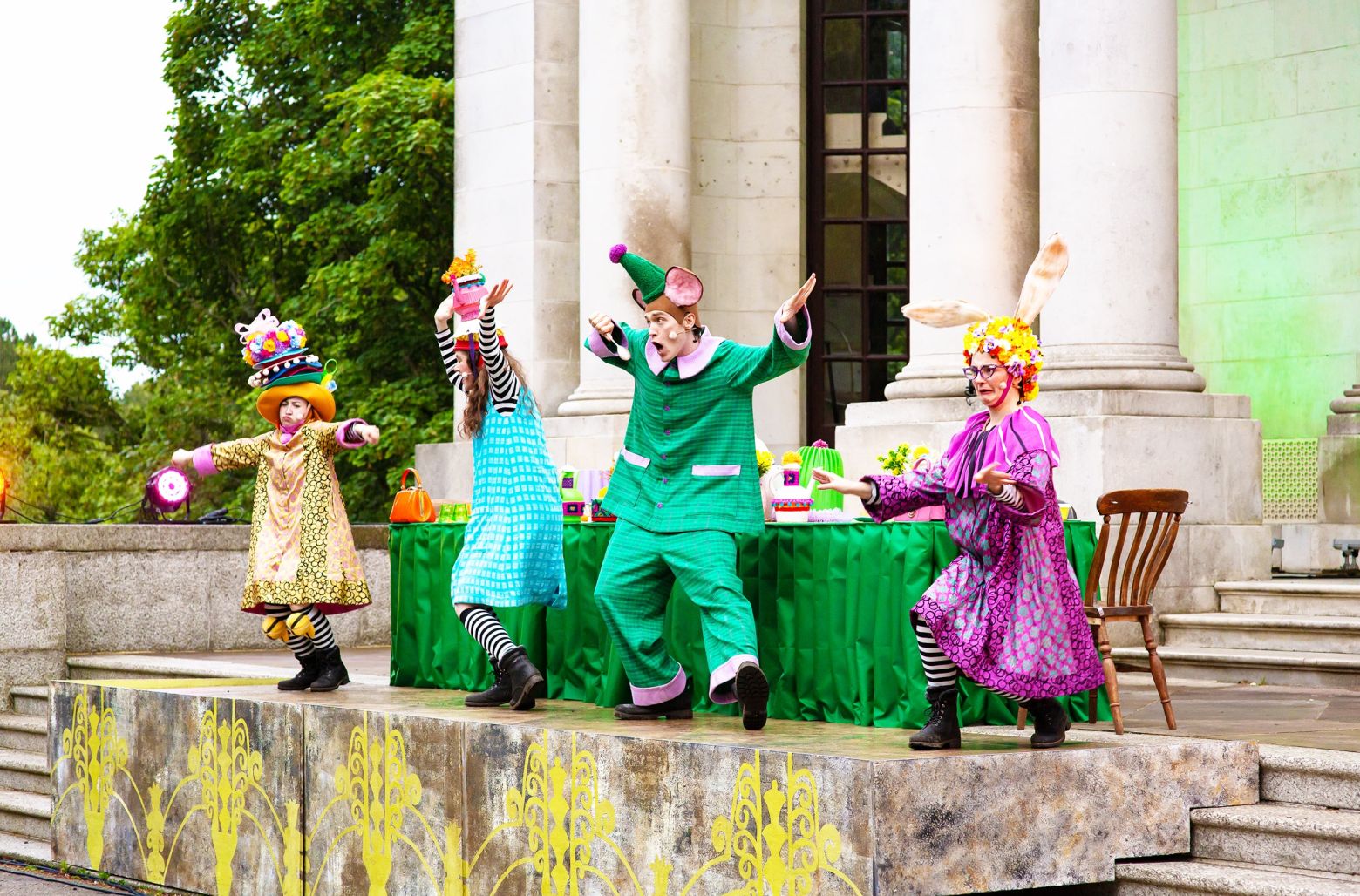 Alice in Wonderland at the Dukes. The Hatter, Hare, Alice and Dormouse at the Hatters tea party based at the back of Ashton Memorial in Williamson Park.