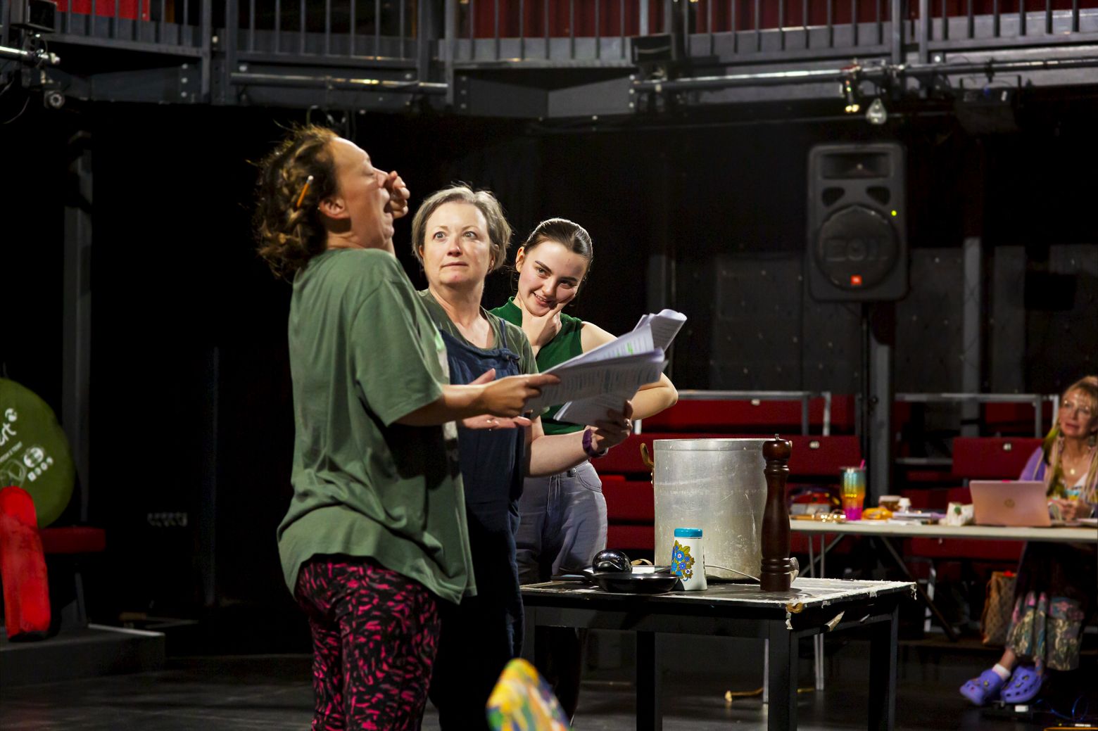 Alice in Wonderland at the Dukes. Kirstie Davis, Helen Longworth and Kira Hayes in rehearsal.