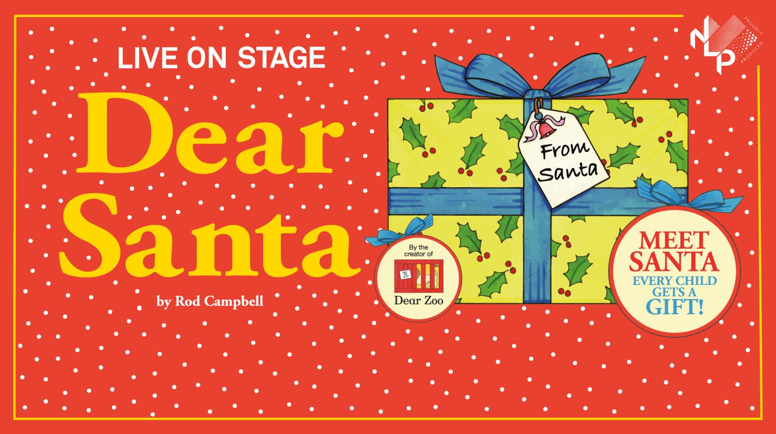poster image for Dear Santa, showing the title and a present wrapped in yellow Christmas paper on a red background