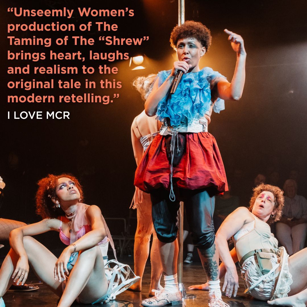 a performer is stood talking into a microphone while other performers in lingerie sit by their feet - The Taming of the "Shrew" by HER Production, The Dukes Lancaster