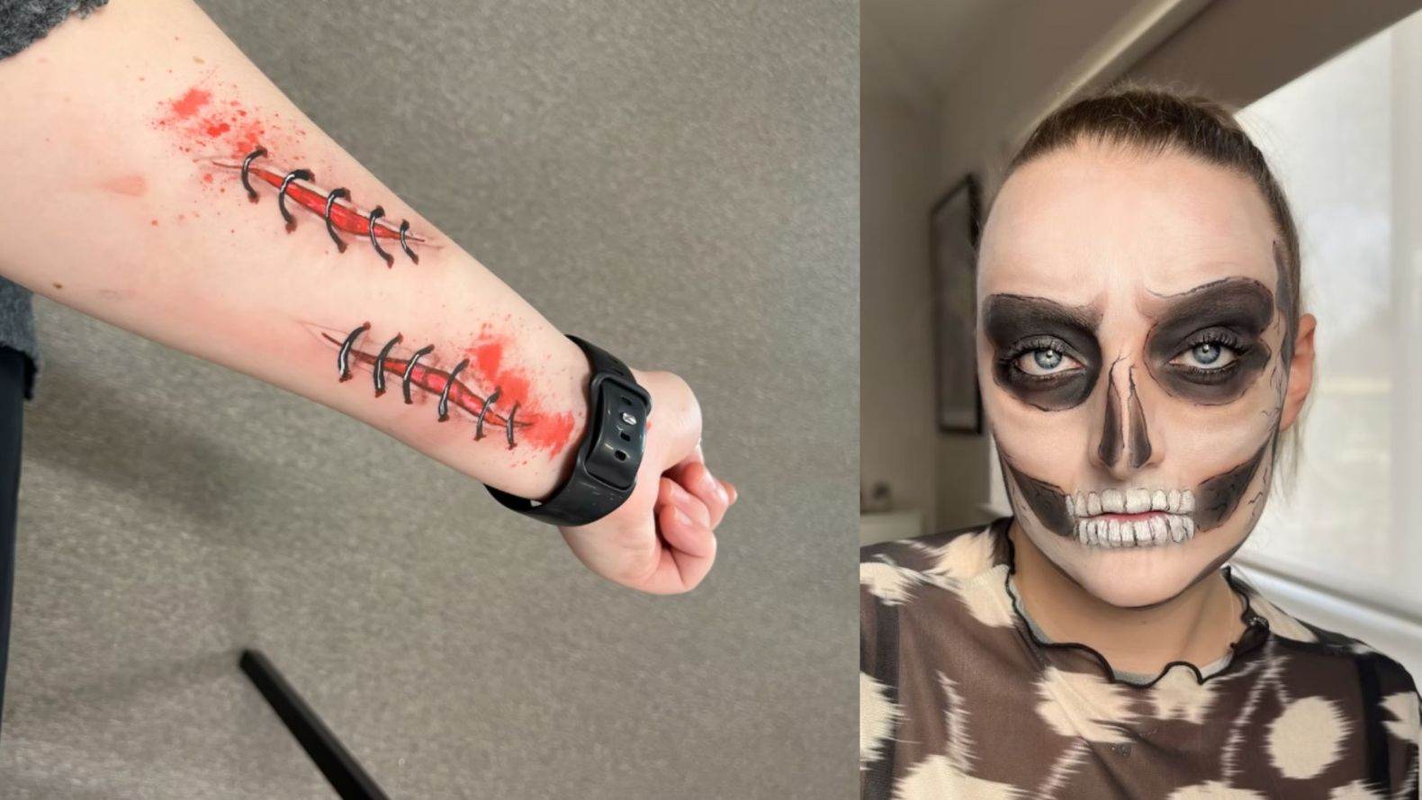 Make-up of cuts on an arm and a skeleton face