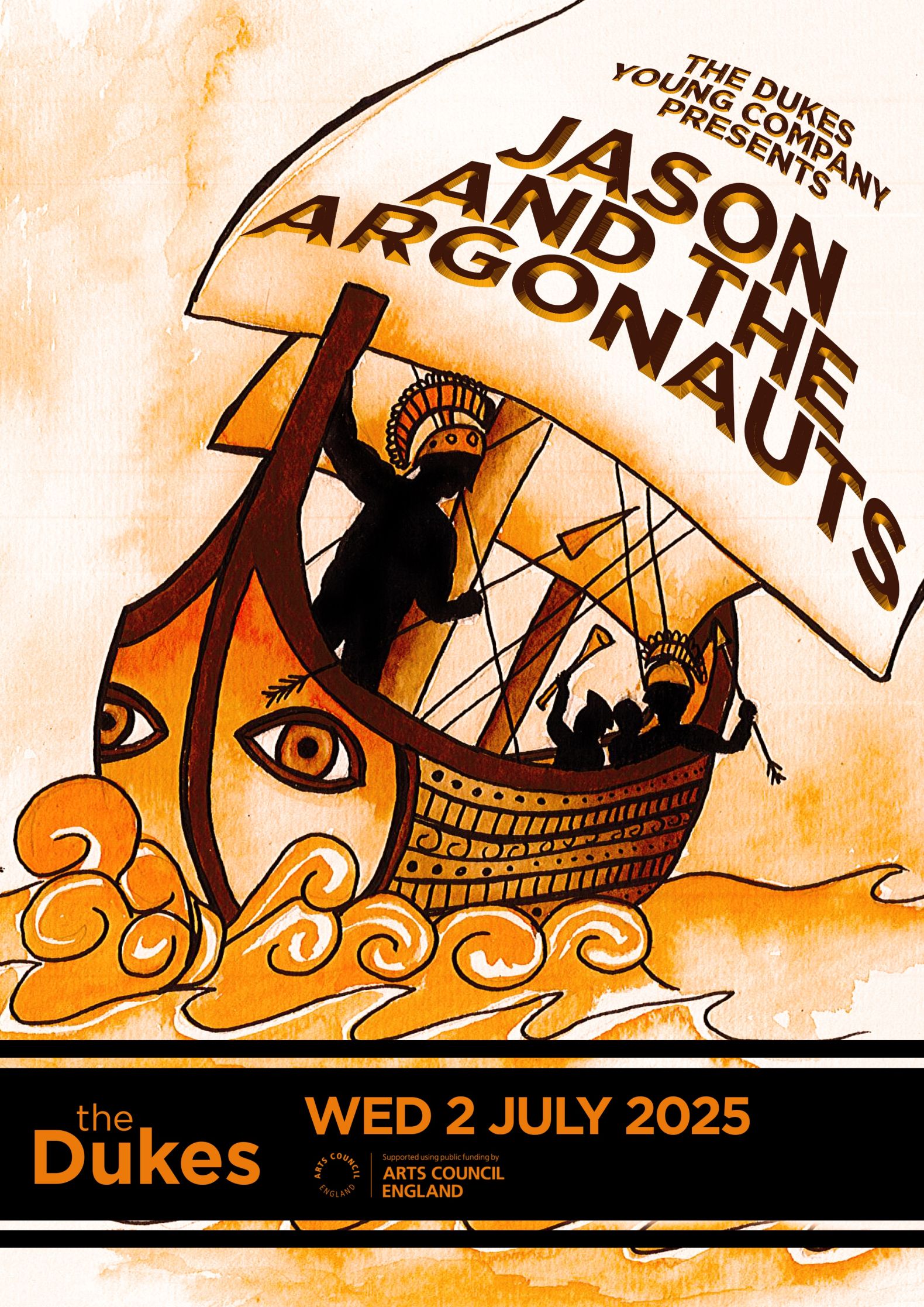 poster image of Jason and the Argonauts: a drawing of a sailing boat with a big sail on a rough sea