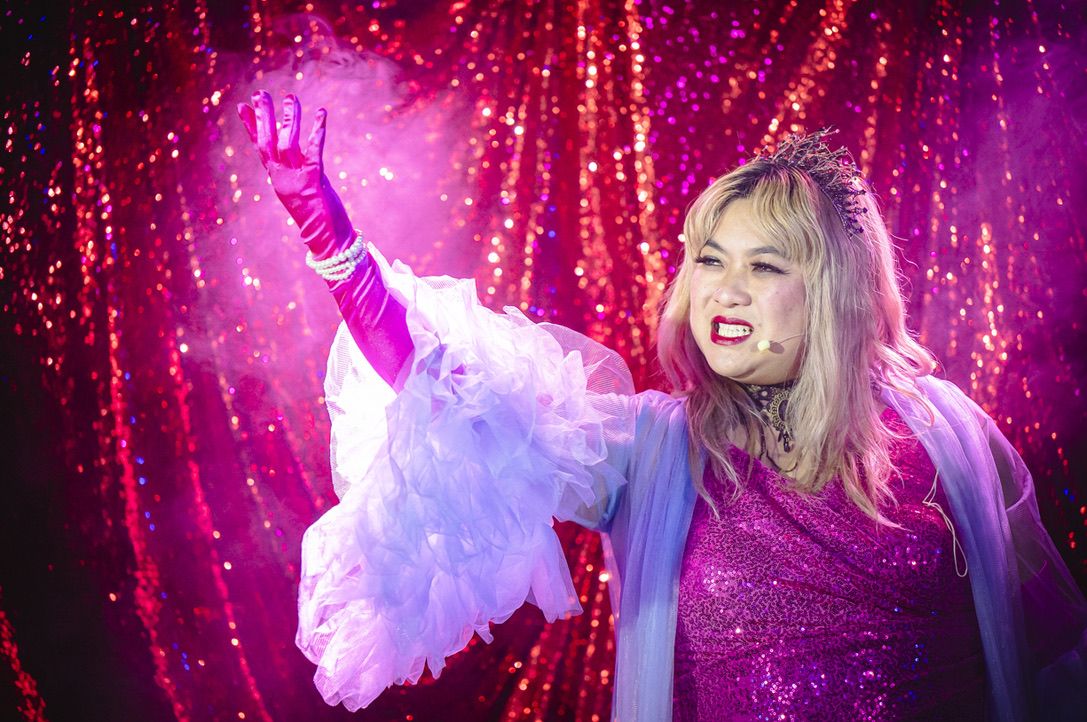 a female performer dressed in a pink sequined dress, long pink gloves and a tiara.