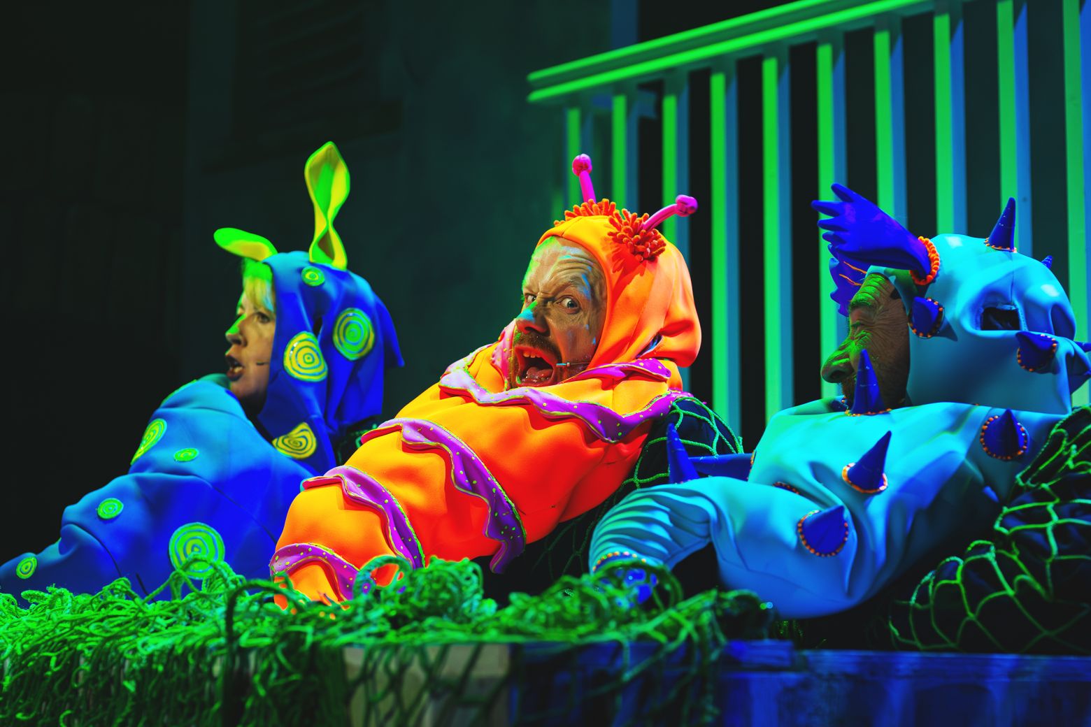 The Snow Queen at the Dukes - 3 sea grubs sat on a wall singing. They are vibrant colorus of orange, blue and purple.