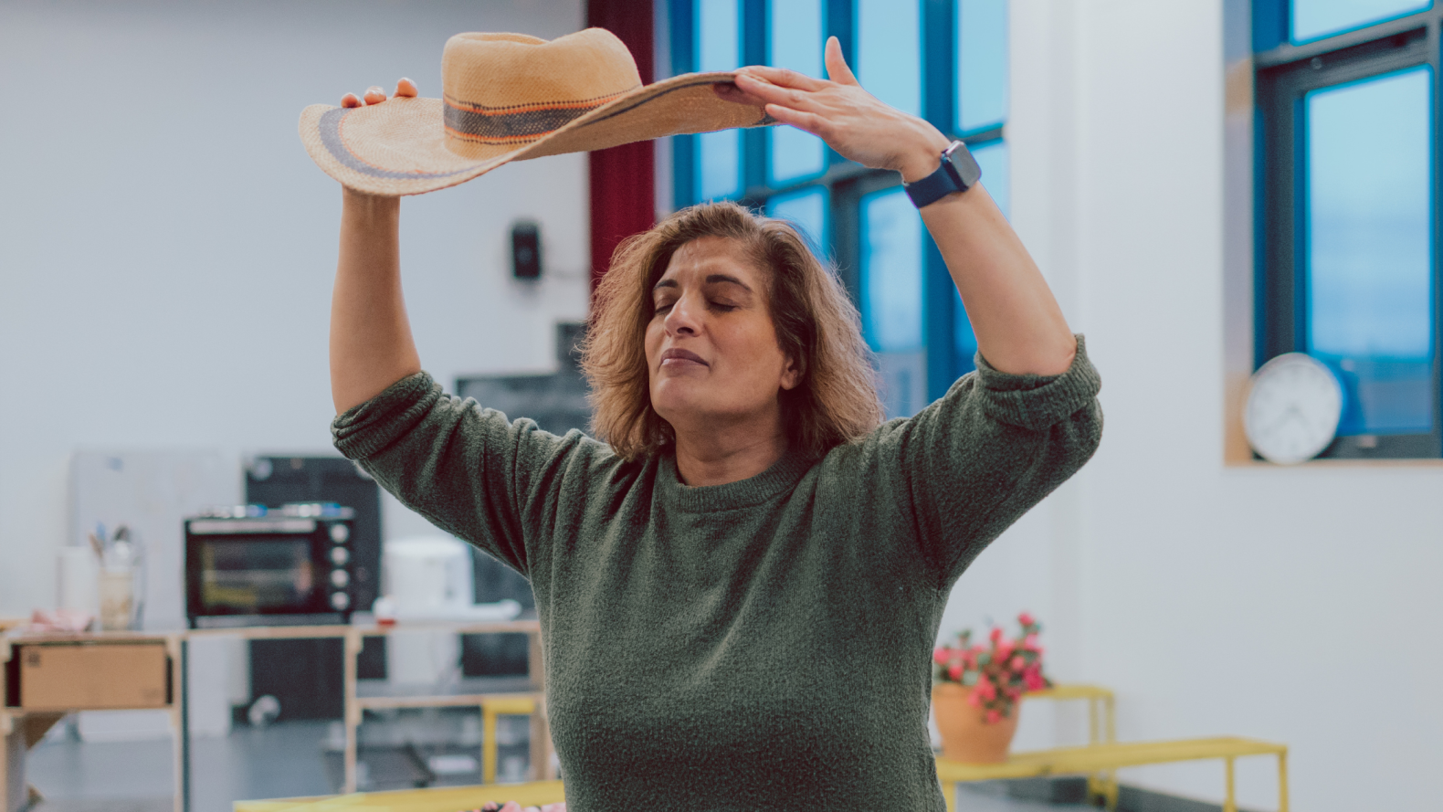 Shirley Valentine Rehearsal Photo. Credit: Fraser Scott