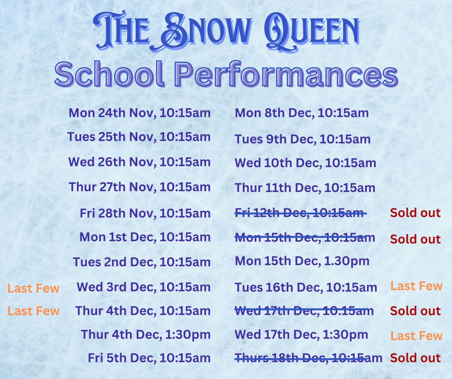 Performance schedule for The Snow Queen