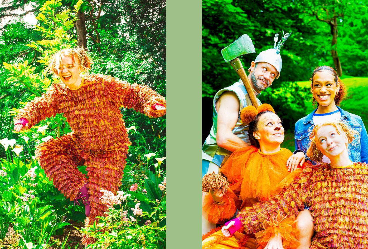 On the left, Scarecrow trying to balance on one leg amongst flowers. On the right, a group photo of the Tinman, Lion and Scarecrow looking up at Dorothy. The Wizard of Oz by the Dukes, photos by Gabi Dawkins.