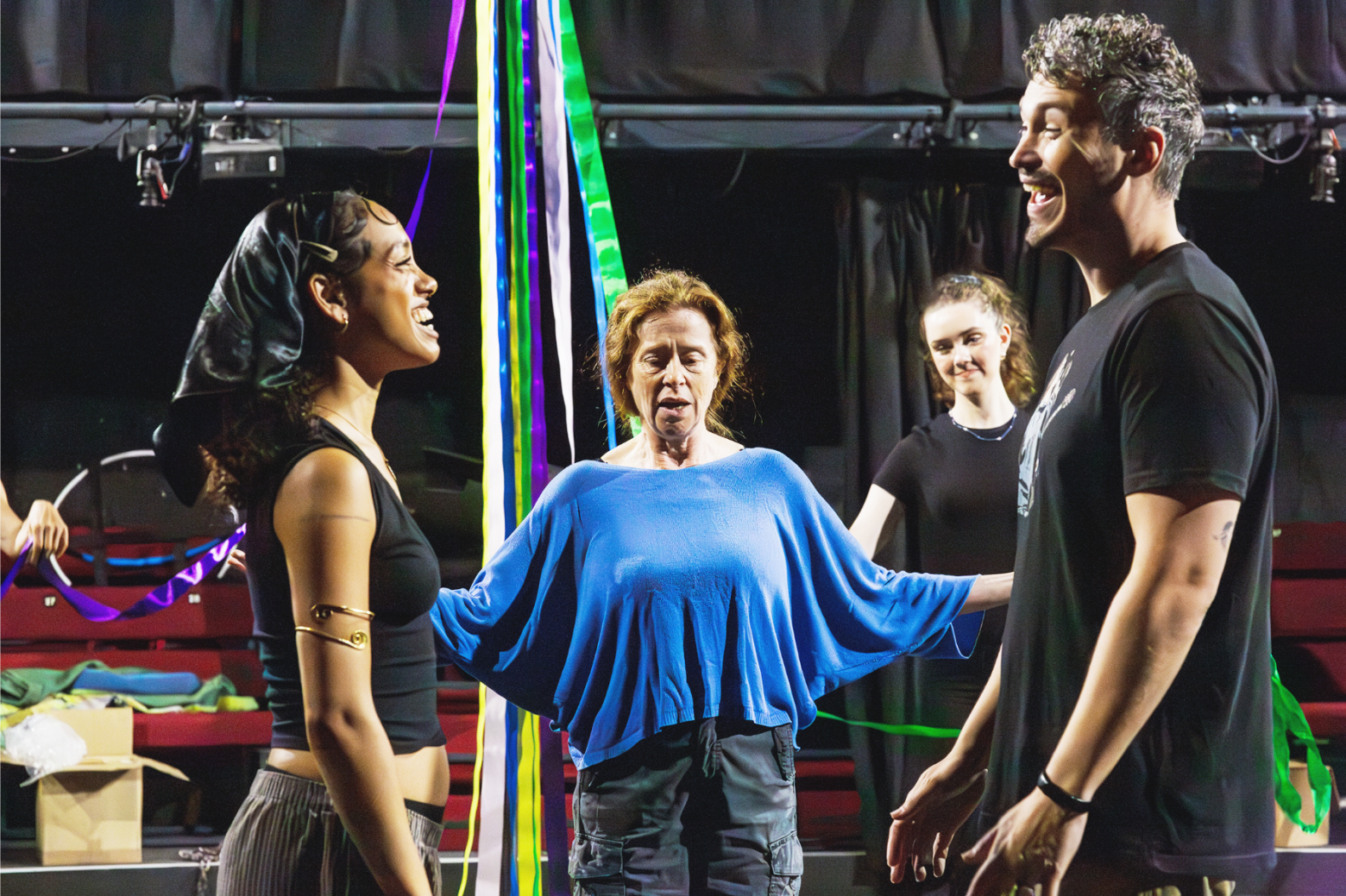 Hope Yolanda, Lisa Howard, Eve Pereira and Joe Parker rehearsing in the Round theatre space