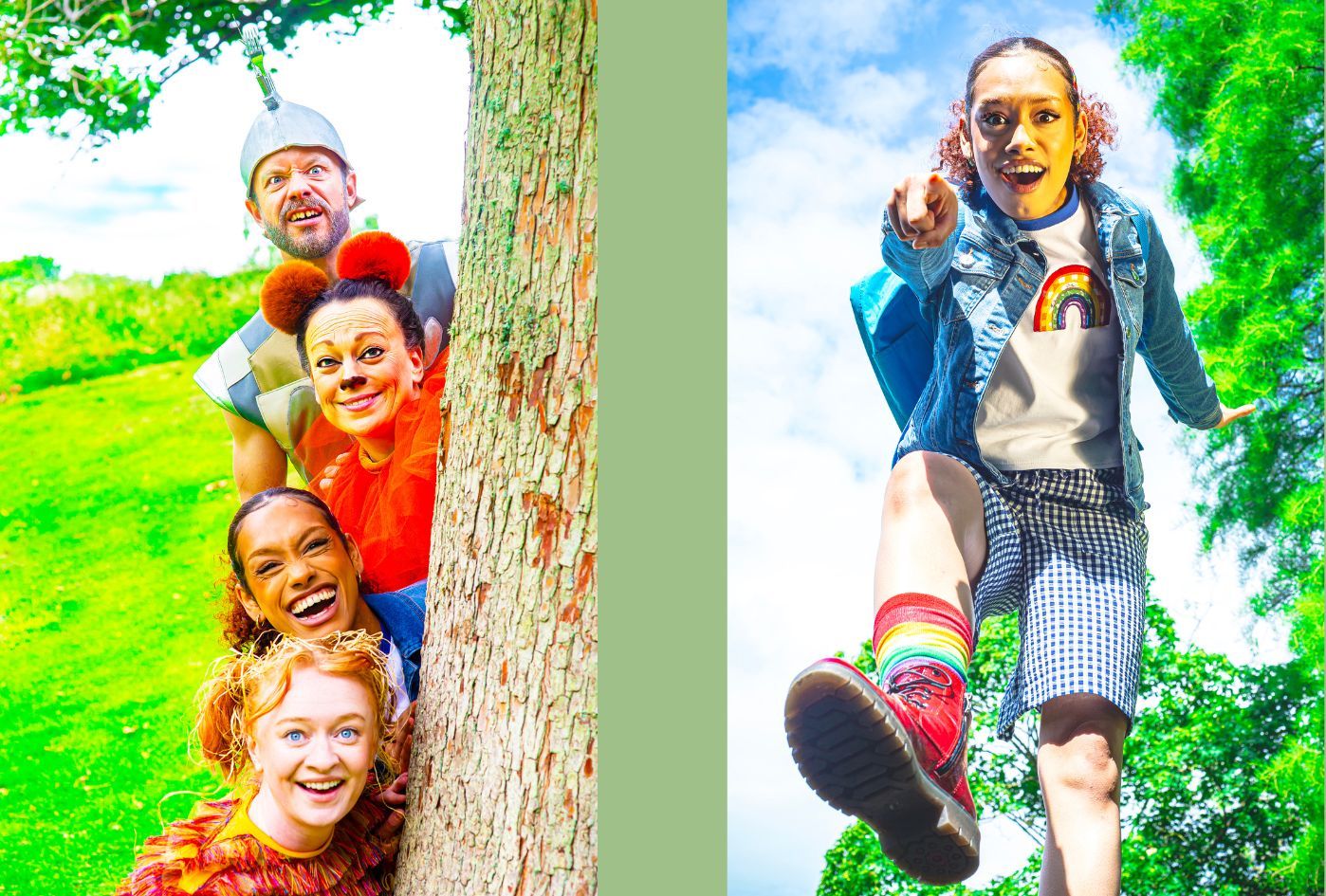 Two Images. On the left, the Tinman, the Lion, Dorothy and the Scarecrow peaking from behind a tree. On the right, Dorothy pointing towards the lens with her red dr. Martens in a stomping position. The Wizard of Oz by the Dukes, photo by Gabi Dawkins