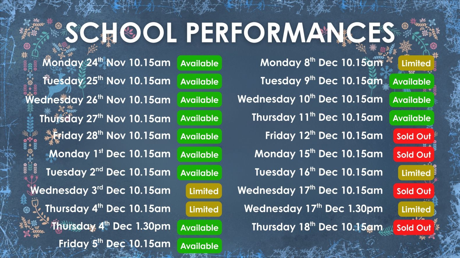 Performance schedule for The Snow Queen