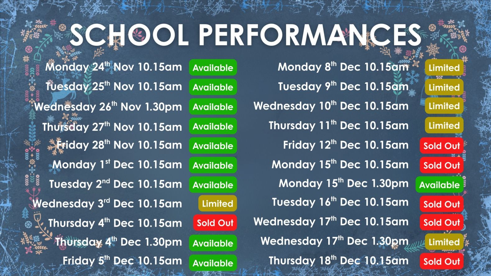 Performance schedule for The Snow Queen