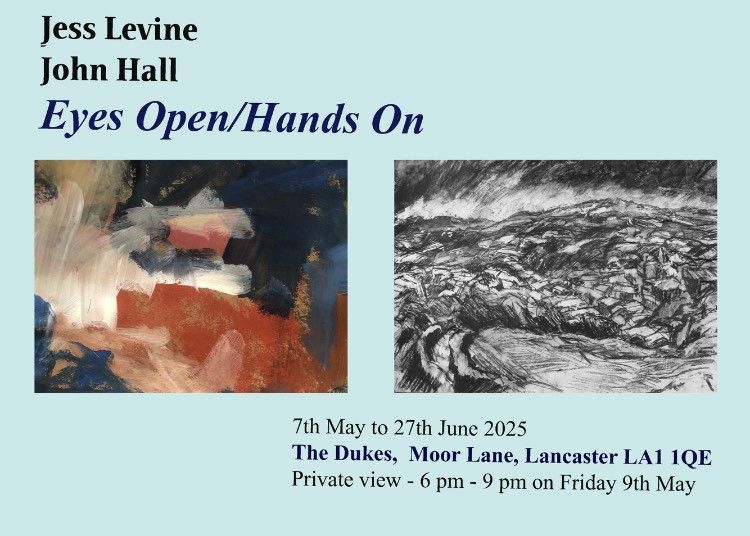 A poster with a blue background, featuring two images, on the right an acrylic painting by Jess Levine and on the left a charcoal drawing by John Hall.