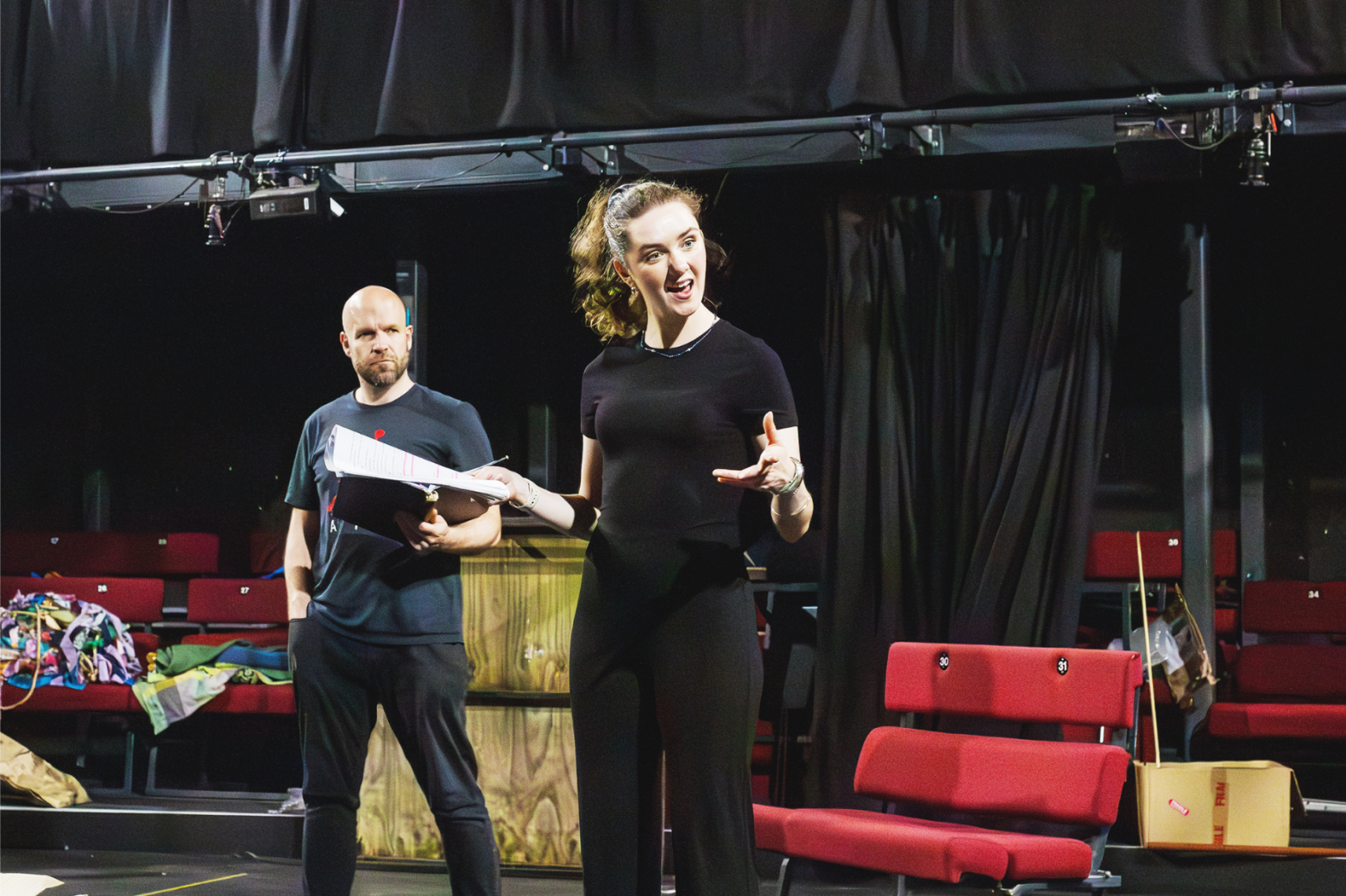 Mathew Ganley and Eve Pereira rehearsing in the Round theatre space