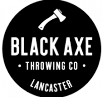 black and white logo showing the silhouette of an axe with the words "Black Axe Throwing Co. Lancaster"