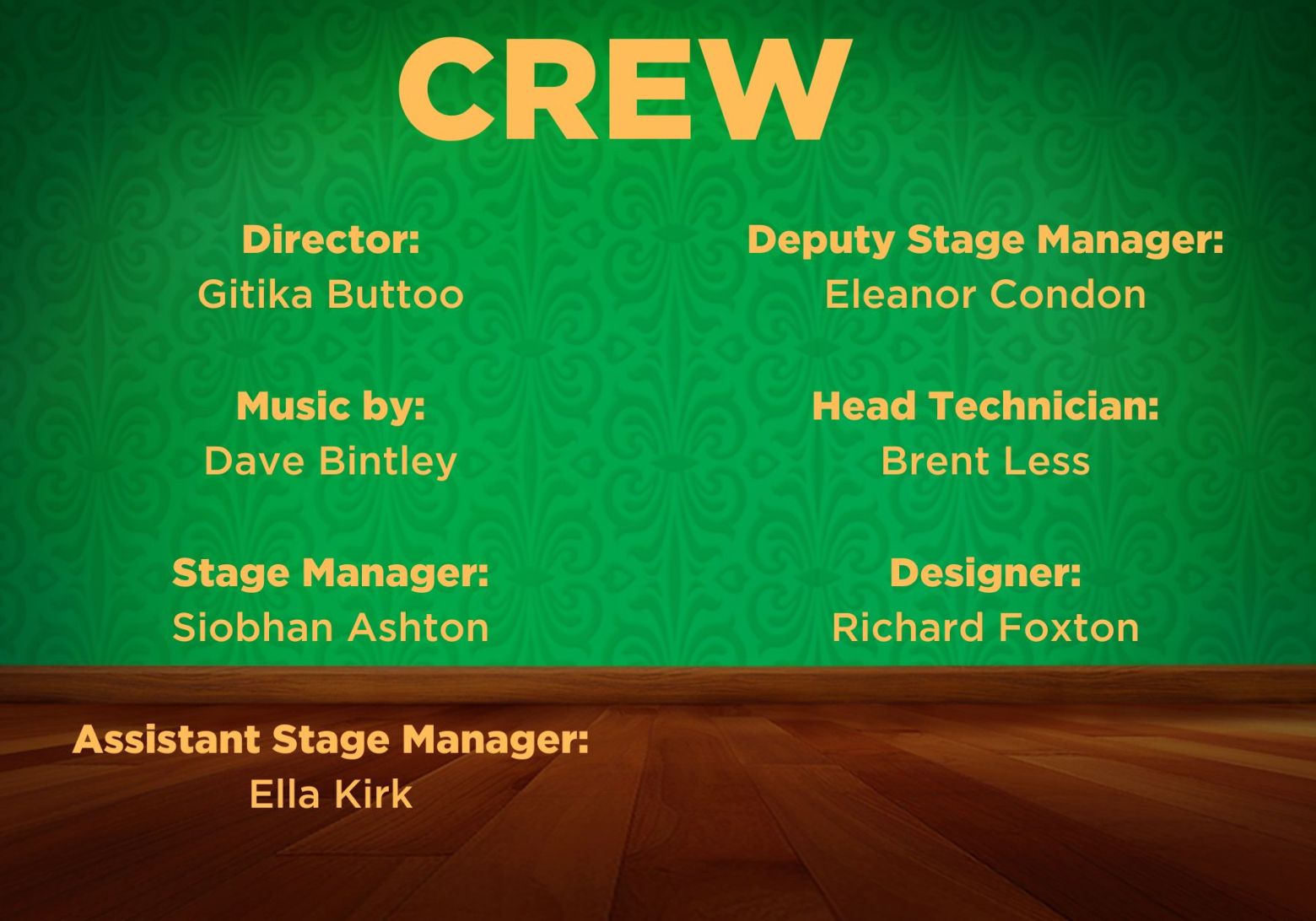 Director: Gitika Buttoo  Music by: Dave Bintley  Stage Manager: Siobhan Ashton  Assistant Stage Manager: Ella Kirk Deputy Stage Manager: Eleanor Condon  Head Technician: Brent Less  Designer: Richard Foxton