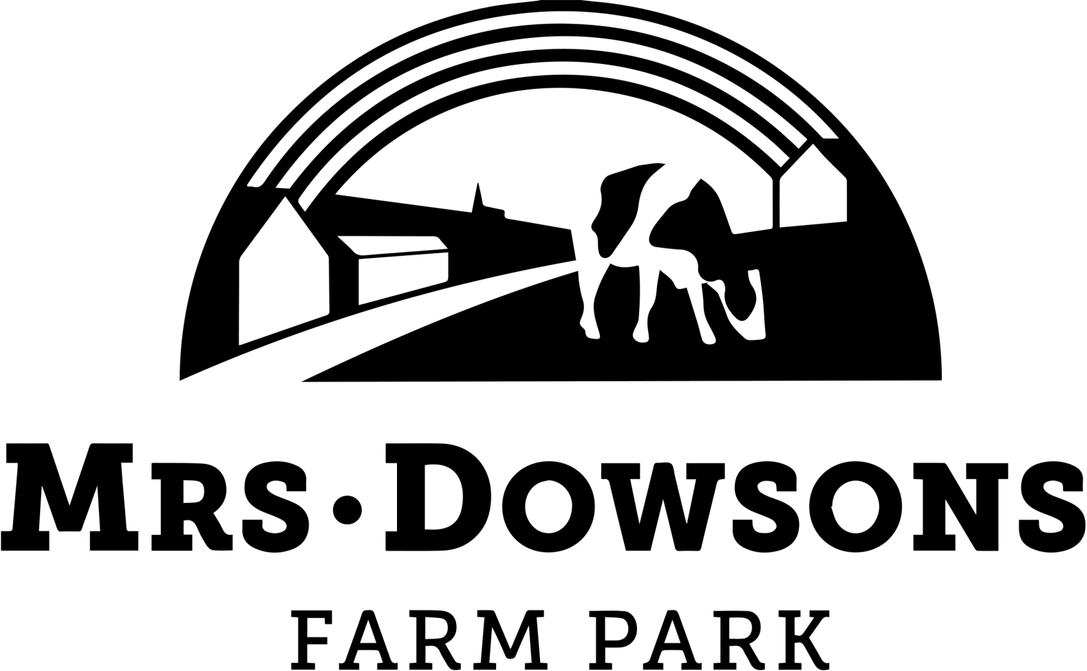 Black and white logo for Mrs Dowsons Farm Park showing the silhouette of farm buildings, a cow and a rainbow 