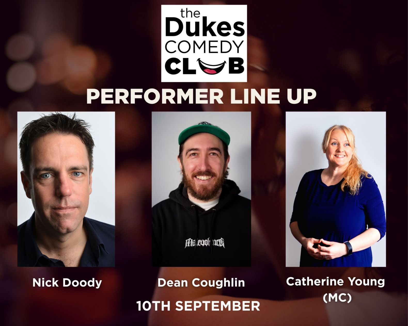 head shots of September line-up: Nick Doody, Dean Coughlin and Catherine Young (MC)