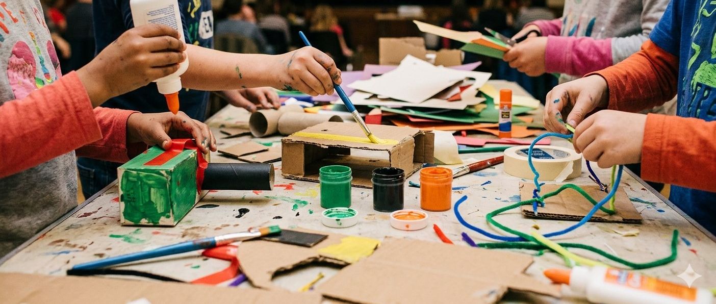 children making crafts with glue, paint and cardboard