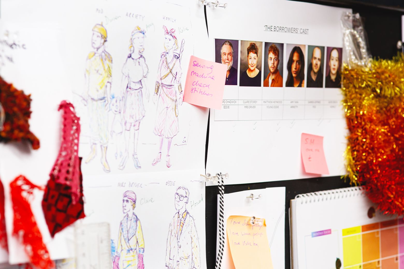 Wardrobes moodboard featuring designs of the costumes. The Borrowers by the Dukes, photo by Gabi Dawkins