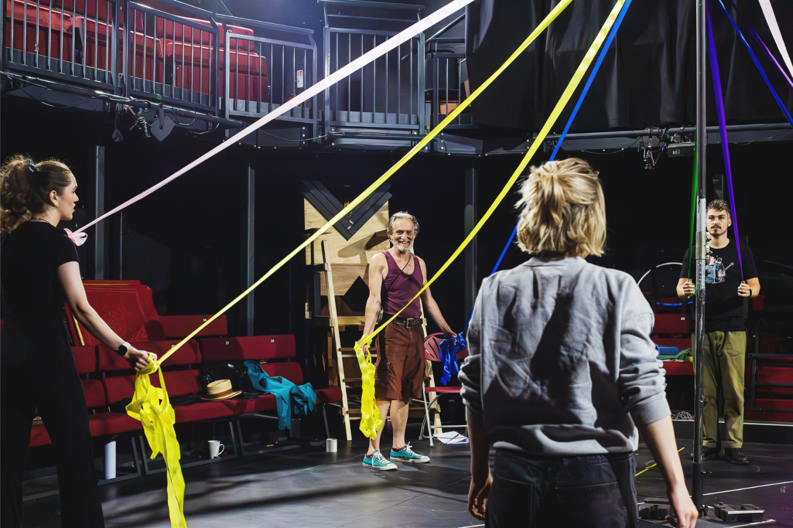 Eve Pereira, Ian Crowe, Elvi Piper and Joe Parker rehearsing in the Round theatre space