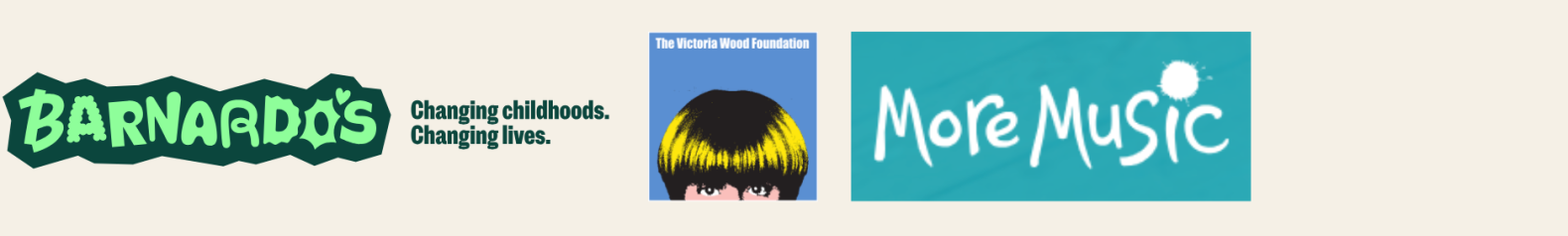 Barnardos, The Victoria Wood Foundation and More Music logos