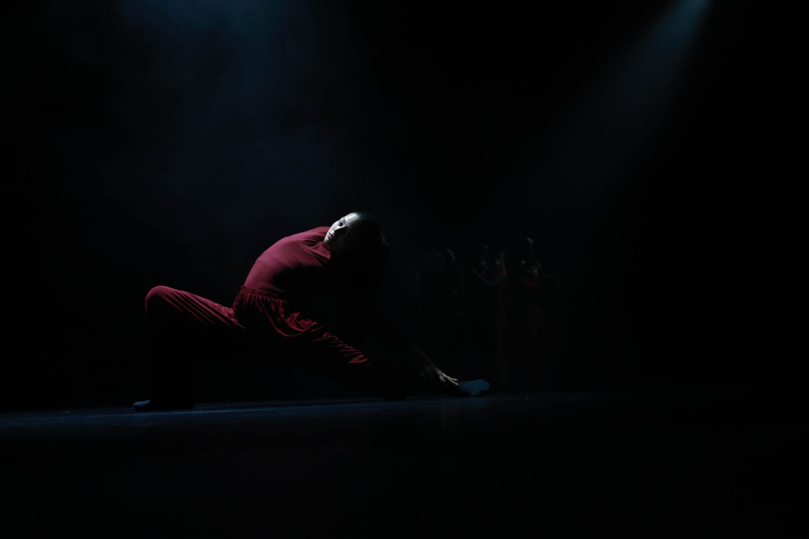 One feature dancer stretches in a lunge with both arms behind her back, with a faded collection of dancers in the backround - almost invisible.