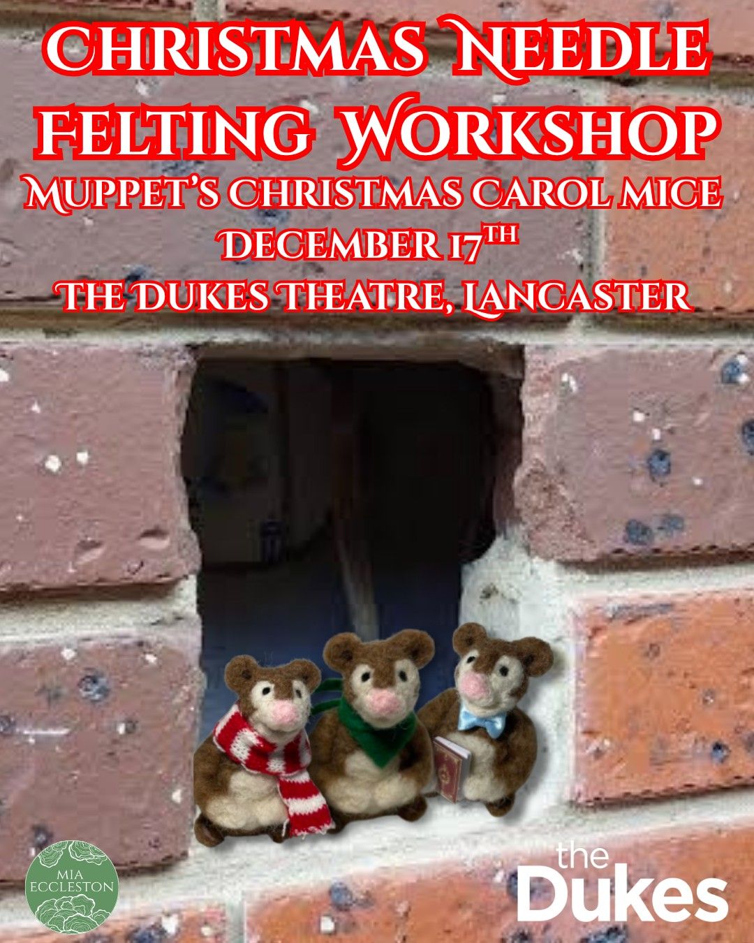 poster for the workship: 3 felt mice sat in a hole in a brick wall