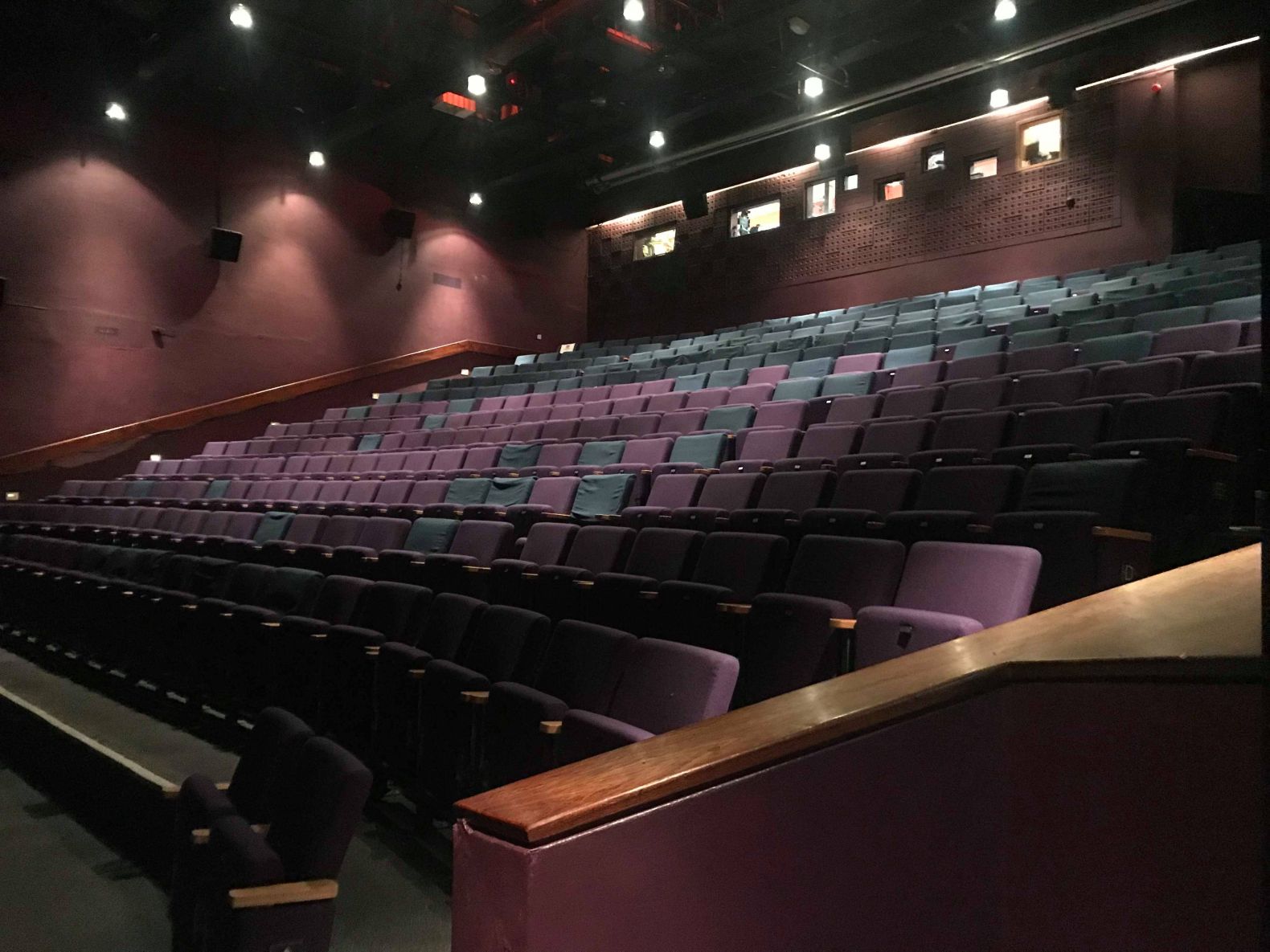 313 seater auditorium with purple seats