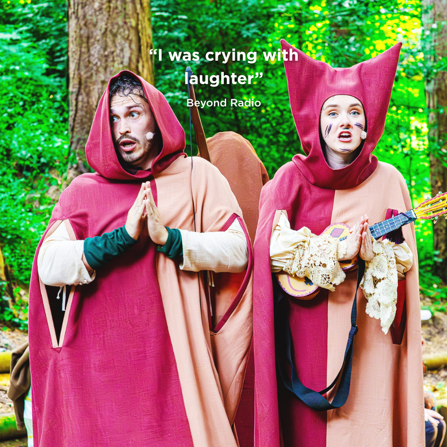 Rob (Joe Parker) and Jen (Eve Pereira) singing, in disguise as monks 