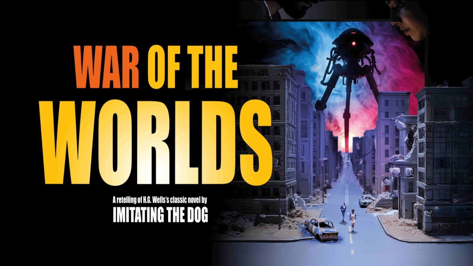 Poster image which shows a destroyed city street with people running away from a large tripod alien towering over the city.