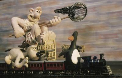 A scene from the train chase around Wallace's living room.