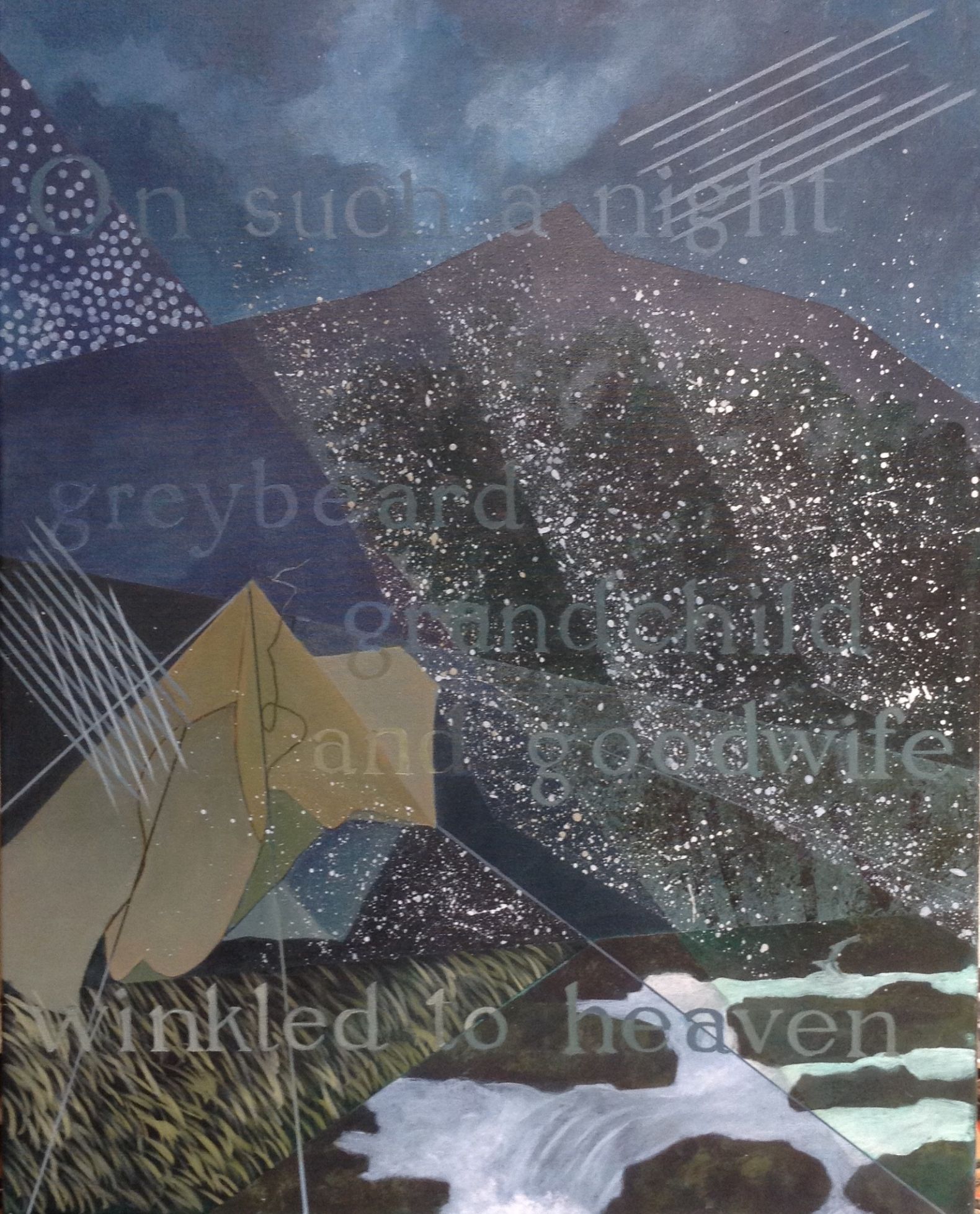 A poster with a distorted landscape featuring grass, water, mountain and sky. 