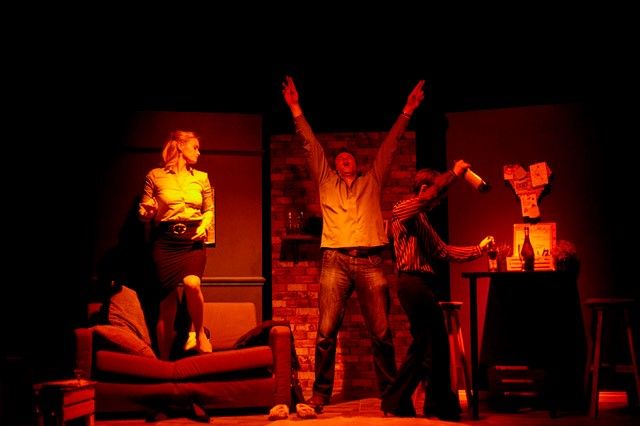 3 actors in a living room setting, partying hard