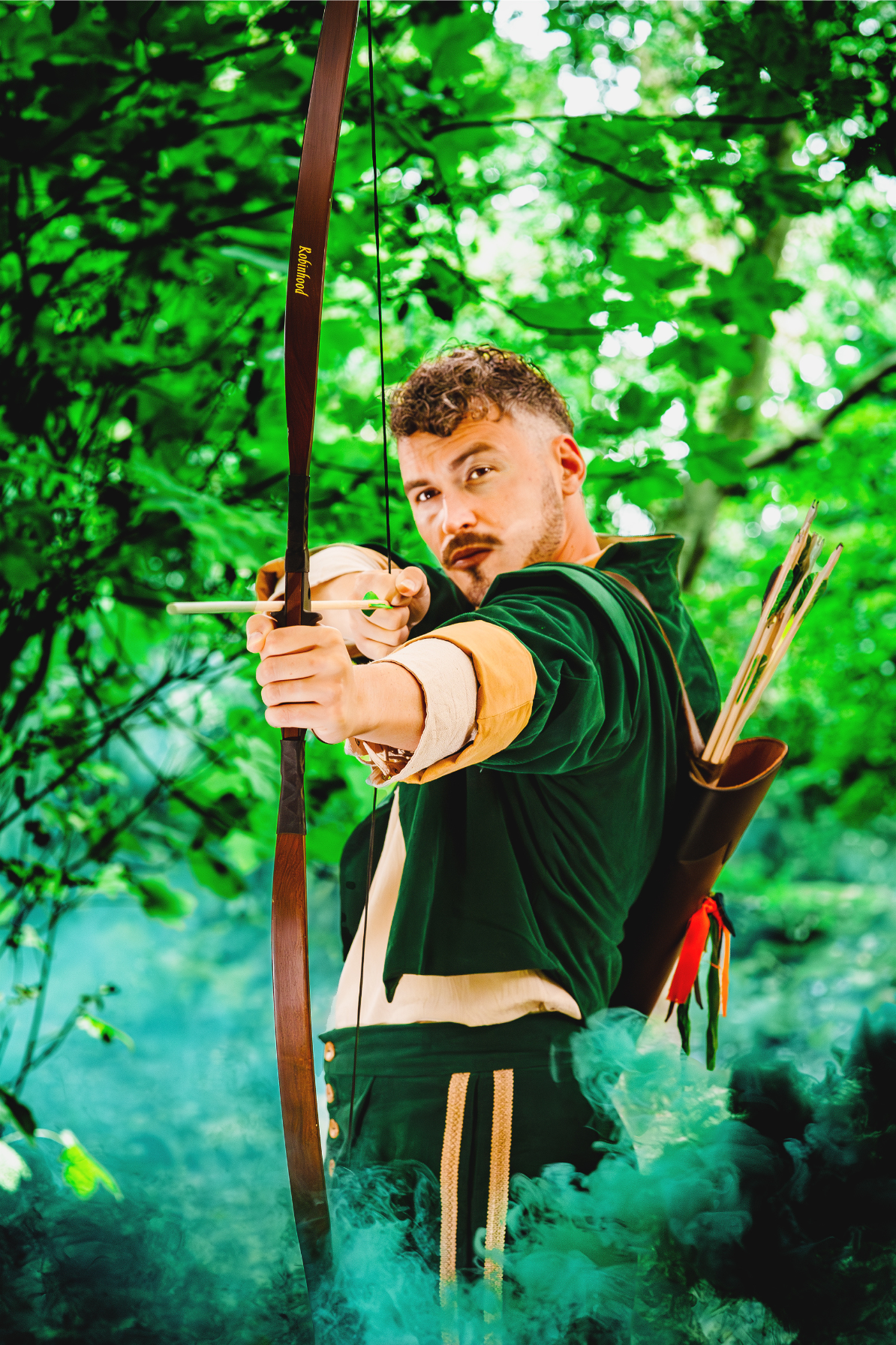 Robin in a forest surrounded by green smoke aiming a bow and arrow