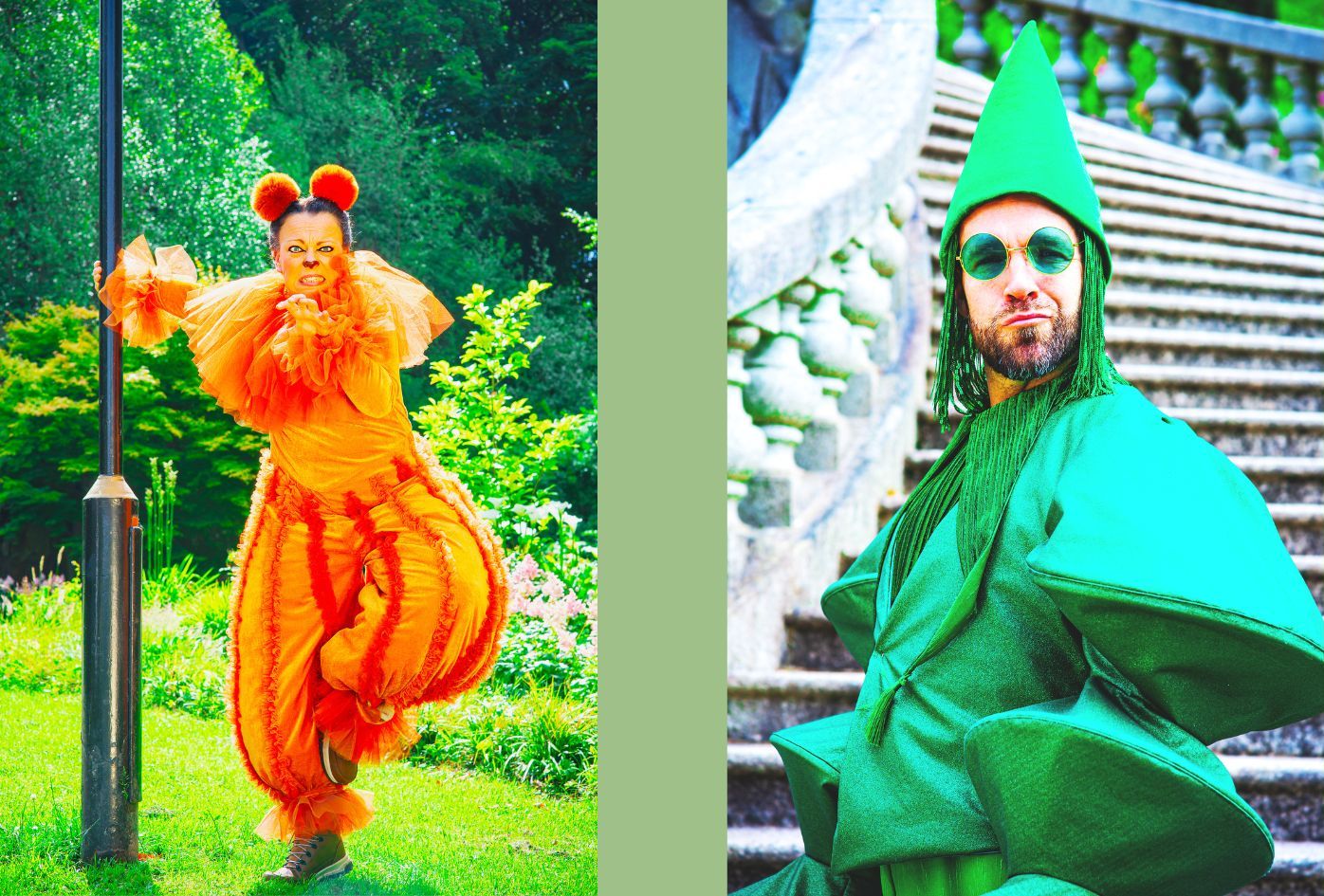 On the left, the Lion holding onto a lamp post, with her hand shaped as a claw. On the right, the Oz Guard standing on the Memorial stairs, facing the camera directly. The Wizard of Oz by the Dukes, photo by Gabi Dawkins.