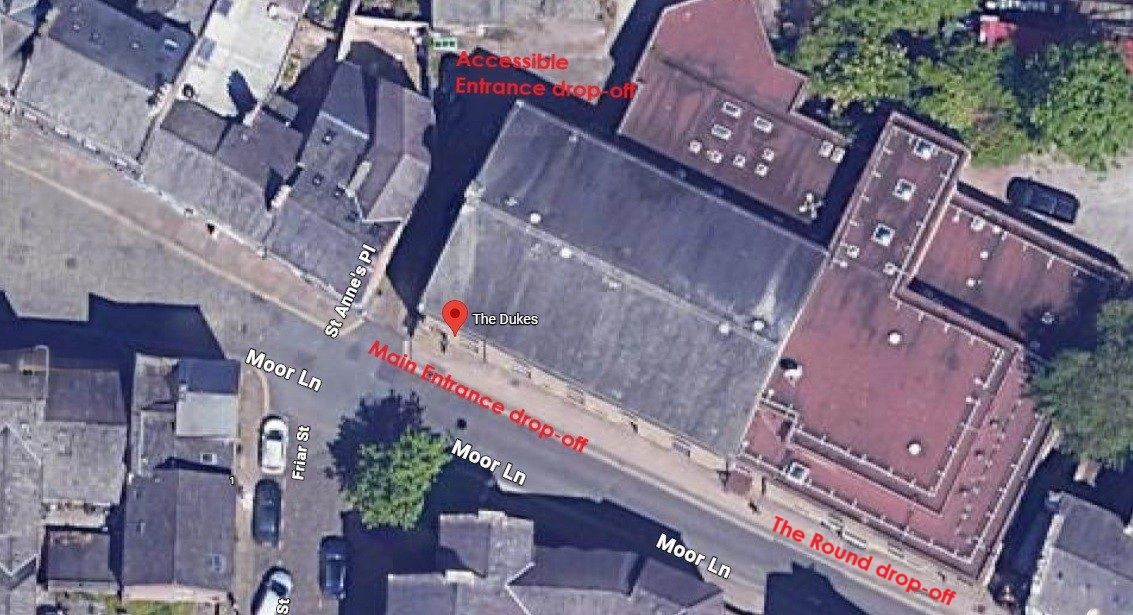 an aerial map showing drop off points for the Dukes