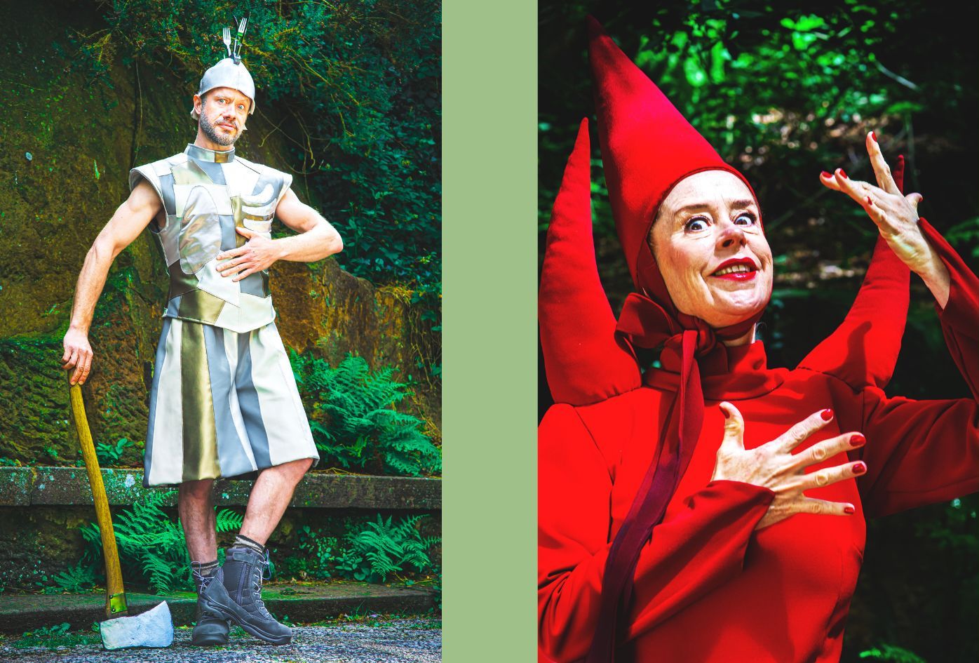 On the left, Tinman leaning his hand against his axe. On the right, the witch looking evily towards the camera. The Wizard of Oz at the Dukes. Photo by Gabi Dawkins
