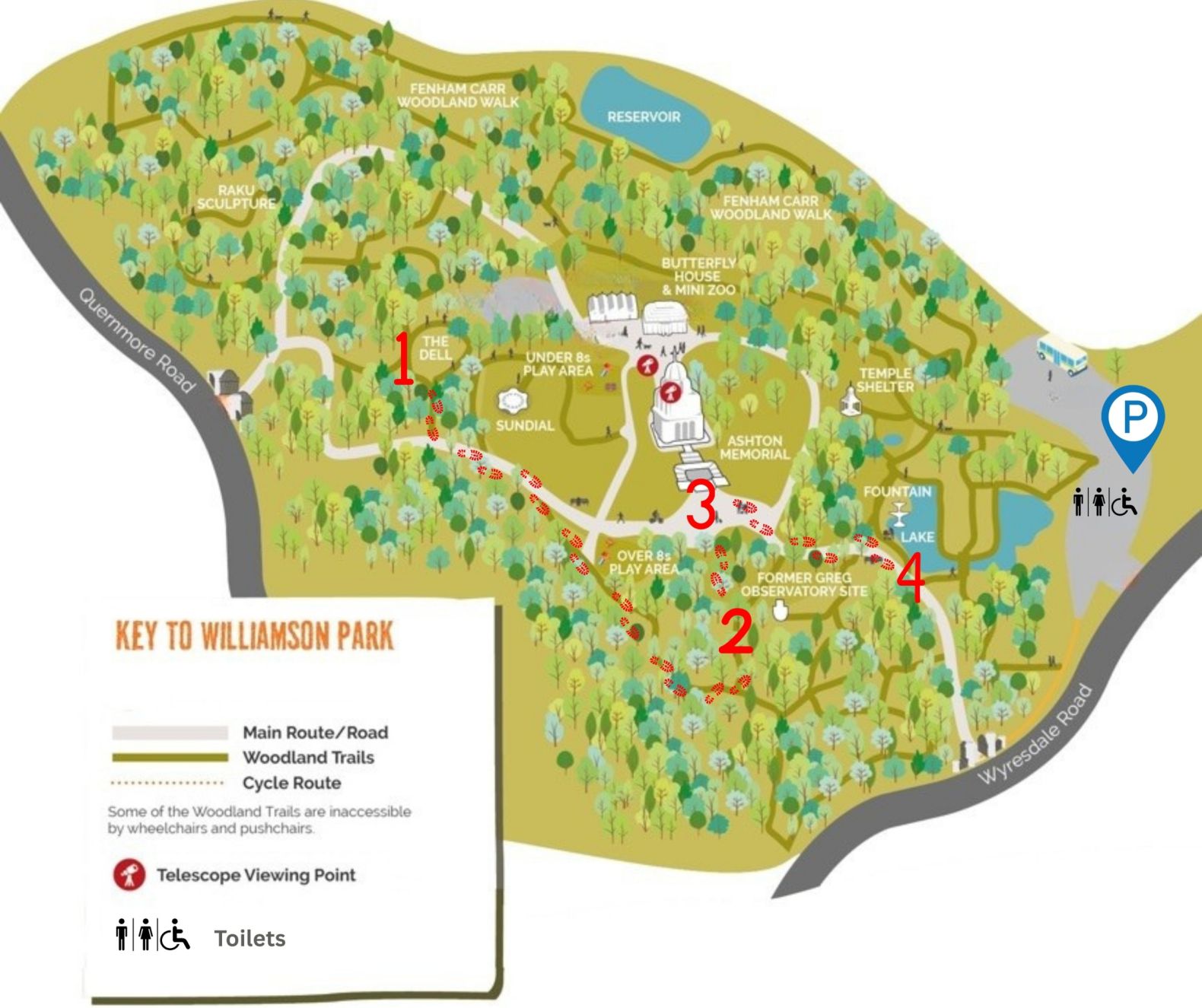 Map of Williamson Park showing the locations used for The Wizard of Oz
