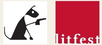 Imitating the dog logo (a shadow of a dog, holding a gun) and a Litfest logo (red square, with litfest written in white below)